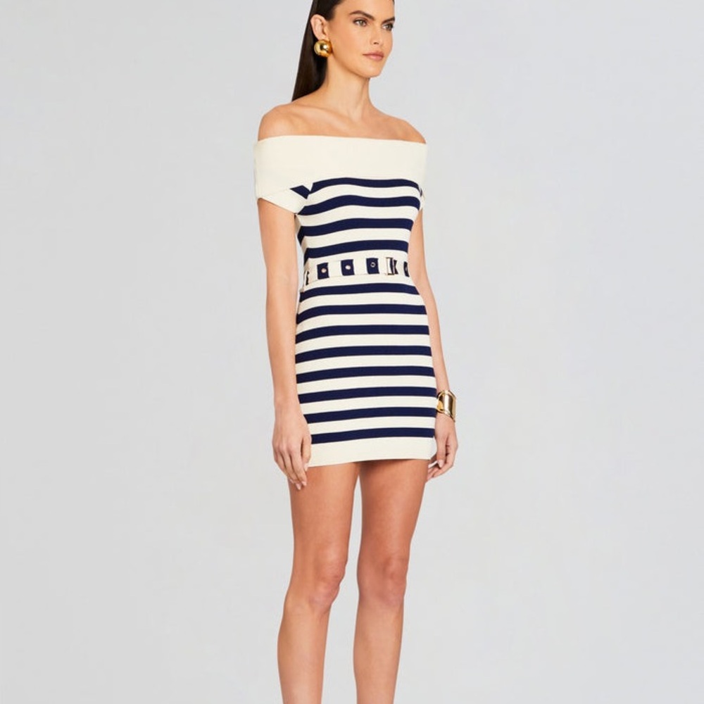 LuNYC Striped Off the Shoulder Belted Mini Dress